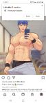  1boy abs absurdres bara blue_eyes blue_hair blue_male_underwear come_hither fire_emblem fire_emblem:_path_of_radiance grey_pants gym headband heavy_breathing highres holding holding_phone ike_(fire_emblem) implied_yaoi indoors instagram jon_(jonigiri) large_pectorals little_mac male_focus male_underwear male_underwear_peek muscular muscular_male nipples not_present pants pectorals phone pulled_by_self selfie short_hair solid_snake solo stomach sweat tongue tongue_out topless_male track_pants underwear undressing 