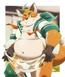  2023 absurd_res anthro belly big_belly blush bulge canid canine fox hi_res humanoid_hands iyo_(tamacolle) kemo_nikomi kemono male mammal moobs navel nipples one_eye_closed overweight overweight_male solo tamacolle towel wink 