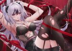  :d absurdres arms_behind_head arms_up azur_lane bare_shoulders belted_skirt black_bow black_bra black_hair black_skirt black_thighhighs blush bow bra breasts chocolate chocolate_on_body chocolate_on_breasts chocolate_on_legs cleavage commentary_request corset earrings elbe_(azur_lane) elbe_(pure-hearted_bad_girl)_(azur_lane) floral_print food_on_body garter_straps hair_bow highres jewelry kirisamede_gzr knees_together_feet_apart knees_up lace-trimmed_bra lace_trim leg_up long_hair lying midriff miniskirt multicolored_hair no_shirt o-ring_belt on_back outstretched_leg panties pantyhose pink_eyes red_panties skirt smile streaked_hair thighhighs torn_clothes torn_pantyhose two-tone_hair underwear upskirt valentine very_long_hair white_hair 