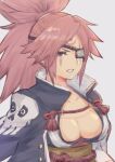  amputee baiken big_hair black_jacket black_kimono breasts eyepatch facial_tattoo guilty_gear guilty_gear_strive highres jacket jacket_on_shoulders japanese_clothes kimono large_breasts levvellevvel long_hair looking_at_viewer multicolored_clothes multicolored_kimono one-eyed pink_hair ponytail red_eyes scar tattoo white_kimono 