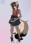  ansart anthro black_tail_tip bottomwear brown_body camera canid canine canis clothing female green_hair hair inner_ear_fluff looking_at_viewer mammal photographer shirt skirt smile solo t-shirt tail topwear tuft wolf zoe_(arcori) 