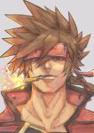  1boy brown_hair guilty_gear guilty_gear_strive highres levvellevvel long_hair looking_at_viewer male_focus mouth_hold red_eyes sol_badguy 