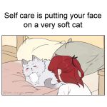  1boy animal bed cale_henituse cat closed_eyes closed_mouth commentary_request english_commentary english_text grey_cat half_updo highres long_hair lout_of_count&#039;s_family male_focus meme pillow red_hair shirt twitter_username vee_vizualz 