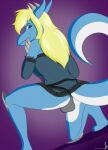  aisha_(aishalove) anthro balls blonde_hair blue_eyes breasts butt claws clothed clothing digital_media_(artwork) dragon genitals hair herm hi_res horn intersex jorge-the-wolfdog lingerie looking_at_viewer nude scalie simple_background solo 