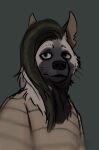  anthro blue_eyes clothed clothing fur hair hyena looking_at_viewer male mammal markings neck_markings notched_ear simple_background solo strana_(artist) striped_hyena whiskers white_body white_fur 