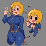  1girl black_bra black_eyes blonde_hair blush bra chibi comparison fallout_(series) full_body grey_background hand_on_hip hand_up highres open_clothes open_mouth short_hair simple_background smile tongue twitter_username underwear vault_girl waa153 