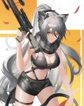  1girl absurdres animal_ears arknights bangs bare_arms bare_shoulders black_scarf black_shorts breasts cat_ears cat_tail cleavage commentary_request cowboy_shot crop_top crossbow grey_hair hair_between_eyes hand_up highres holding holding_crossbow holding_weapon large_breasts lingdu_han long_hair looking_at_viewer midriff navel ponytail scarf schwarz_(arknights) short_shorts shorts sleeveless solo standing stomach tail thigh_strap thighs very_long_hair weapon yellow_eyes 