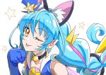  1girl ;p absurdres animal_ears bell blue_gloves blue_hair blush braid cat_ears cure_cosmo gloves hat highres long_hair magical_girl mini_hat mini_top_hat neck_bell one_eye_closed pointy_ears precure smile solo star_twinkle_precure tongue tongue_out top_hat tsukikage_oyama twin_braids yellow_eyes yuni_(precure) 
