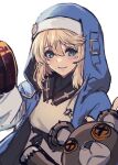  1boy aqua_eyes blonde_hair bridget_(guilty_gear) grin guilty_gear guilty_gear_strive habit hood hood_up hooded_jacket hoodie jacket long_sleeves looking_at_viewer male_focus mars_symbol medium_hair open_clothes open_hoodie otoko_no_ko oukawa_yuu puffy_long_sleeves puffy_sleeves roger_(guilty_gear) sketch smile stuffed_animal stuffed_toy teddy_bear yo-yo 