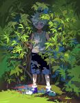  1boy arm_at_side bangs blood blood_on_arm blood_on_ground blood_on_hands blood_on_leg blue_eyes blue_shorts closed_mouth dappled_sunlight day full_body grey_hair highres hunter_x_hunter killua_zoldyck looking_at_viewer male_focus nature outdoors plant shoes short_hair shorts sleeveless solo spiked_hair standing sunlight tank_top two_pokemon 