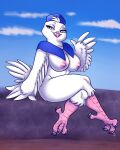  4_toes anisodactyl anthro avian avian_feet big_breasts bird blue_eyes breasts clothing cloud columbid crossed_legs eyelashes feathered_wings feathers feet female half-closed_eyes hat headgear headwear hi_res mostly_nude narrowed_eyes nipples nurse_victoria outside pigeon sitting sky skye3337 smile solo tail_feathers toes valiant_(film) white_feather winged_arms wings 