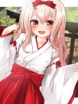  1girl bangs blonde_hair blush breasts fate/grand_order fate/kaleid_liner_prisma_illya fate_(series) hakama highres illyasviel_von_einzbern japanese_clothes kimono long_hair long_sleeves looking_at_viewer miko mochi_(k620803n) open_mouth red_eyes red_hakama ribbon-trimmed_sleeves ribbon_trim small_breasts smile solo white_kimono wide_sleeves 