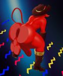  anthro anus balls boots butt clothing cowboy demon footwear genitals gloves grape_shifter gremile_&#039;hotshot&#039; handwear hi_res imp kings_of_hell male mature_anthro mature_male penis pressed_against red_body solo tail 