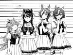  4girls =_= afterimage animal_ears blush bow bowtie breasts closed_mouth crossed_arms eyepatch greyscale hair_over_one_eye hand_on_own_chin height_chart height_difference horse_ears horse_girl horse_tail long_hair looking_at_another mayano_top_gun_(umamusume) monochrome multicolored_hair multiple_girls narita_brian_(umamusume) ponytail sailor_collar school_uniform short_sleeves sideways_glance skirt small_breasts sparkle speed_lines standing streaked_hair stroking_own_chin tail tail_wagging tanino_gimlet_(umamusume) thighhighs tracen_school_uniform two_side_up umamusume v-shaped_eyebrows vodka_(umamusume) yonu_(yonurime) 