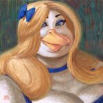  2023 accessory anatid anseriform anthro avian beak big_breasts bird blonde_hair blue_bow blue_choker blue_clothing blue_eyes blue_eyeshadow blue_jewelry blue_necklace blue_topwear bow_ribbon breasts bust_portrait choker cleavage clothed clothing digital_media_(artwork) digital_painting_(artwork) digital_pastel_(artwork) duck dyna_soar eyebrows eyelashes eyeshadow feathers female hair hair_accessory hair_bow hair_ribbon headshot_portrait hi_res impressionist_background jewelry long_hair looking_at_viewer makeup necklace overweight overweight_female portrait ribbons signature smile smiling_at_viewer solo topwear white_body white_feathers yellow_beak 