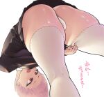  1girl adjusting_clothes adjusting_legwear agent_aika aika_(series) ass ass_focus bent_over black_delmo black_skirt blush breasts brown_eyes commentary_request crotch_seam delmogeny_uniform highres jacket kneepits long_sleeves mag_tro open_mouth panties pink_hair short_hair skirt thighhighs thighs underwear uniform white_panties 