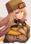  1girl blonde_hair blue_eyes fur_hat guilty_gear guilty_gear_strive hat highres levvellevvel long_hair looking_at_viewer millia_rage orange_headwear parted_lips ushanka very_long_hair 