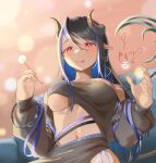  1girl 774_inc. absurdres bangs belt black_bandeau black_belt black_hair black_jacket black_skirt blue_belt blue_hair blue_mountain_(user_aesh3827) blurry blush bokeh breasts chest_belt closed_mouth commentary_request couch demon_girl demon_horns demon_tail depth_of_field forked_tongue grey_horns hair_between_eyes hebiyoi_tier highres hip_vent horns jacket lap_pillow_invitation large_breasts long_hair long_sleeves looking_at_viewer mimikaki multicolored_hair navel off_shoulder open_clothes open_jacket pink_background pink_eyes pointy_ears sidelocks skirt smile solo sugar_lyric tail tongue two-tone_hair underboob upper_body virtual_youtuber 