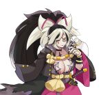  1girl alternate_color alternate_eye_color amputee baiken bee_sempai big_hair black_hair black_jacket black_kimono black_nails blonde_hair breasts eyepatch facial_tattoo gothic guilty_gear guilty_gear_strive highres jacket jacket_on_shoulders japanese_clothes katana kimono large_breasts long_hair long_sleeves looking_at_viewer multicolored_clothes multicolored_kimono one-eyed ponytail sword tassel tattoo weapon yellow_eyes 