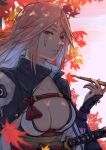  baiken big_hair black_jacket black_kimono breasts facial_tattoo guilty_gear guilty_gear_strive highres holding holding_smoking_pipe jacket jacket_on_shoulders japanese_clothes kimono large_breasts levvellevvel long_hair long_sleeves looking_at_viewer multicolored_clothes multicolored_kimono one-eyed open_clothes open_kimono pink_hair red_eyes scar scar_across_eye smoking_pipe tattoo white_kimono 