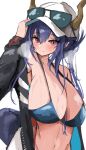  arknights bikini black_jacket blue_bikini blush breasts ch&#039;en_(arknights) ch&#039;en_the_holungday_(arknights) cleavage collarbone dragon_horns dragon_tail eyewear_on_head hat horns jacket large_breasts long_hair looking_at_viewer navel open_clothes open_jacket purple_hair red_eyes steam sunaneko_oekaki sunglasses swimsuit tail upper_body wet wet_clothes wet_hair white_background 