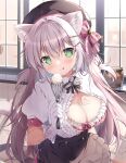  1girl :p animal_ear_fluff animal_ears bangs black_headwear black_skirt blush bra breasts cat_ears cat_tail cleavage commentary_request cream cream_on_breasts frilled_shirt frills gloves green_eyes grey_hair hair_between_eyes hair_ornament hair_ribbon hairclip highres holding holding_whisk indoors large_breasts long_hair looking_at_viewer mikeou original pink_bra ribbon shirt skirt solo tail tongue tongue_out twintails underwear whisk white_gloves white_shirt window 