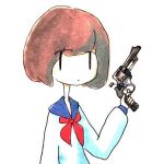  1girl bangs blue_sailor_collar brown_hair closed_mouth commentary finger_on_trigger gun hand_up holding holding_gun holding_weapon long_sleeves looking_at_viewer lowres neckerchief original red_neckerchief revolver sailor_collar sailor_shirt school_uniform serafuku shirt short_hair simple_background solo swept_bangs tokunaga_aoi traditional_media upper_body weapon white_background white_shirt |_| 