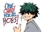  1boy black_hair boku_no_hero_academia english_text facing_viewer green_hair grin hair_over_eyes highres male_focus midoriya_izuku multicolored_hair saltyxodium shirt simple_background smile solo thumbs_up two-tone_hair upper_body white_background 