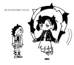  1boy 1girl brother_and_sister cropped_jacket dede_(qwea_00000) detached_hair earrings greyscale jacket jewelry jump_rope jumping marnie_(pokemon) monochrome pendant_choker piers_(pokemon) pokemon pokemon_(game) pokemon_swsh siblings simple_background source_request standing translation_request twintails white_background 