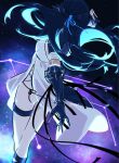  1girl bare_legs black_hair blue_eyes colored_inner_hair commentary dress highres long_hair mao_(expuella) mechanical_arms multicolored_hair punishing:_gray_raven selena_(punishing:_gray_raven) thigh_strap twitter_username white_dress 