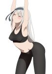  1girl armpits arms_up black_hairband black_pants black_sports_bra blush breasts closed_eyes closed_mouth coro_fae covered_nipples cowboy_shot frilled_hairband frills grey_hair hairband highres kaguya-sama_wa_kokurasetai_~tensai-tachi_no_renai_zunousen~ leaning_forward long_hair medium_breasts midriff navel paid_reward_available pants shirogane_kei simple_background solo sports_bra stretching striped striped_hairband sweat white_background yoga_pants 