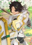  1boy armor black_hair bush closed_eyes fire_emblem fire_emblem_engage full_armor green_background highres holding holding_shield knight louis_(fire_emblem) mikami outdoors plate_armor polearm shield shoulder_armor smile spear weapon 
