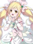  1girl bangs blonde_hair bow choker commentary_request cure_echo dress earrings highres jewelry long_hair magical_girl osarutukamaeru pink_bow precure precure_all_stars sakagami_ayumi solo star_(symbol) star_earrings swept_bangs twintails white_choker white_dress yellow_eyes 