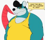  2023 anthro belly big_belly black_nose blue_body clothing dialogue english_text hi_res male mammal murid murine overweight overweight_male pork_baozu rat rodent shirt simple_background solo text topwear 