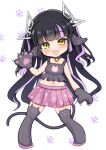  1girl 774_inc. alternate_costume animal_ear_legwear animal_ears animal_hands bangs black_hair blunt_bangs blush breasts cat_cutout cat_ear_legwear cat_ears cat_lingerie cat_tail chibi cleavage_cutout clothing_cutout commentary_request demon_girl demon_horns fang full_body gloves grey_thighhighs horns kojo_anna long_hair looking_at_viewer medium_breasts meme_attire midriff miniskirt multicolored_hair navel open_mouth paw_gloves paw_print paw_print_background paw_print_pattern pink_skirt pleated_skirt pointy_ears purple_hair robou_no_stone skin_fang skirt smile solo standing tail thighhighs two-tone_hair virtual_youtuber white_background yellow_eyes 