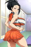  1girl ass bare_shoulders black_eyes black_hair blush boku_no_hero_academia breasts cheerleader krabby_(monttiero) large_breasts locker locker_room long_hair looking_at_viewer looking_back ponytail sideboob skirt smile solo thighs yaoyorozu_momo 