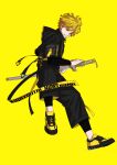  1boy absurdres agatsuma_zenitsu alternate_costume black_pants black_sweater blonde_hair character_name clenched_teeth closed_eyes contemporary full_body gradient_hair highres holding holding_sheath holding_sword holding_weapon hood hooded_sweater kake_hashi3 kimetsu_no_yaiba layered_sleeves long_sleeves multicolored_hair orange_hair pants sheath sheathed shoes short_over_long_sleeves short_sleeves simple_background sneakers solo sweater sword teeth twitter_username weapon yellow_background yellow_footwear 
