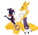  2022 2_horns 3_fingers anthro anthro_on_anthro armwear bandai_namco bandanna belly black_claws black_nose black_sclera breasts bridal_gauntlets canid canine chest_tuft claws clothing digimon digimon_(species) digital_media_(artwork) duo female fingers fox fur gloves half-closed_eyes handwear horn imp impmon kerchief larger_female leg_markings male mammal markings narrowed_eyes navel_fetish navel_penetration nipples penetration pink_nipples pudgyhusky purple_body purple_skin renamon sagging_breasts simple_background size_difference smaller_male spade_tail tail tongue tongue_out tuft white_background white_body white_eyes white_fur yellow_body yellow_fur yin_yang 