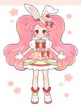  1girl animal_ears bangs cake_hair_ornament choker commentary_request cure_whip earrings food-themed_hair_ornament gloves hair_ornament highres jewelry kirakira_precure_a_la_mode long_hair magical_girl nene_(oneoneo13) pink_choker pink_eyes pink_hair pom_pom_(clothes) pom_pom_earrings pouch precure rabbit_ears smile solo standing twintails usami_ichika white_gloves 