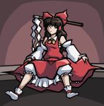  1girl bow brown_eyes brown_hair embodiment_of_scarlet_devil frilled_skirt frills gohei hair_tubes hakama hakama_skirt hakurei_reimu highres japanese_clothes mary_janes red_bow red_shirt red_skirt shirt shoes sitting skirt superchrim thick_outlines touhou yellow_bow 