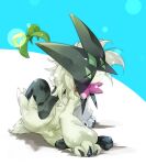  1other animal_feet animal_hands animal_nose body_fur claws closed_eyes closed_mouth commentary full_body furry gorilla_(bun0615) green_fur highres meowscarada no_humans pokemon pokemon_(creature) scratching_head simple_background sitting solo 