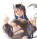  1girl 774_inc. absurdres bangs belt black_bandeau black_belt black_hair black_jacket black_skirt blue_belt blue_hair blue_mountain_(user_aesh3827) blush breasts chest_belt closed_mouth commentary_request couch demon_girl demon_horns demon_tail forked_tongue grey_horns hair_between_eyes hebiyoi_tier highres hip_vent horns jacket lap_pillow_invitation large_breasts long_hair long_sleeves looking_at_viewer mimikaki multicolored_hair navel off_shoulder open_clothes open_jacket pink_eyes pointy_ears sidelocks simple_background skirt smile solo sugar_lyric tail tongue transparent_background two-tone_hair underboob upper_body virtual_youtuber 