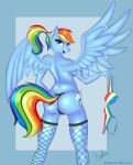  anthro bikini_thong bra butt clothed clothing dialogue drakxs equid equine female fishnet_clothing friendship_is_magic hair hasbro hi_res horse legwear looking_back mammal my_little_pony pegasus pony ponytail rainbow_dash_(mlp) rasied_tail rear_view sex_toy simple_background solo spread_wings swimwear thigh_highs topless underwear wings 