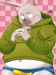  2023 absurd_res anthro belly big_belly blush clothed clothing erection erection_under_clothing hi_res hoodie humanoid_hands kemono lagomorph leporid male mammal navel overweight overweight_male rabbit solo takkusk topwear 