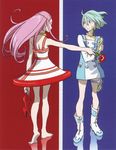  absurdres anemone_(eureka_seven) barefoot boots collar dress eureka eureka_seven eureka_seven_(series) feet flower high_heels highres holding holding_shoes legs long_hair long_legs multiple_girls pink_hair shoes soles thigh_strap toes white_footwear yoshida_ken'ichi 