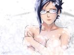  bath bleach blue_eyes blue_hair breast_hold breasts bubble bubble_bath cleavage covering fingernails glasses ise_nanao jon_kneeland large_breasts lipstick long_fingernails makeup nail_polish partially_submerged pink_nails short_hair signature sitting soap solo wet 
