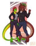  2019 4_toes anthro araivis-edelveys clothed clothing digital_media_(artwork) dragon duo female green_eyes green_hair hair male open_mouth red_eyes reptile scalie smile snake teeth toes tongue 