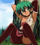  cameltoe deltora_quest flat_chest green_eyes green_hair haruyama_kazunori jasmine_(deltora_quest) solo thighhighs 