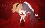  alternate_costume blonde_hair blush christmas furude_rika hat higurashi_no_naku_koro_ni houjou_satoko kiss multiple_girls ryou_(shirotsumesou) santa_hat yuri 