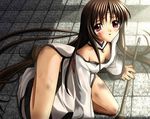  bare_shoulders breasts brown_hair cleavage collar dirty kneeling lowres slave tear tears 